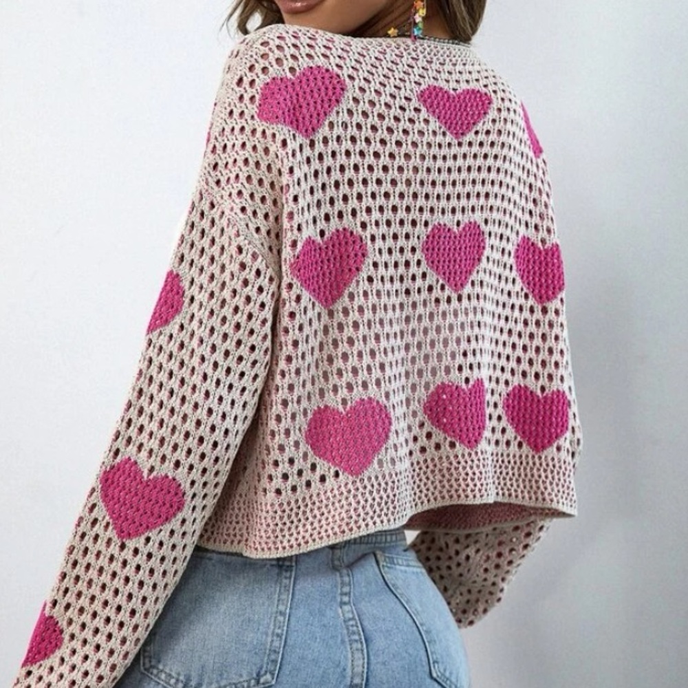 Delilah Wear Crochet Heart Cardigan - Cream & Hot Pink - Picture 6 of 7